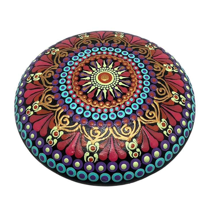 Mandala stone painted in pink, purple and turquoise with gold details, handmade with dot art for meditation or home decor