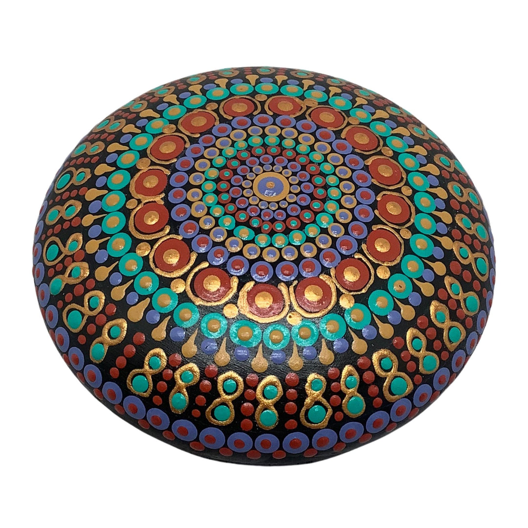 Colorful hand painted mandala stone with dots and oriental vibe in red, gold and turquoise