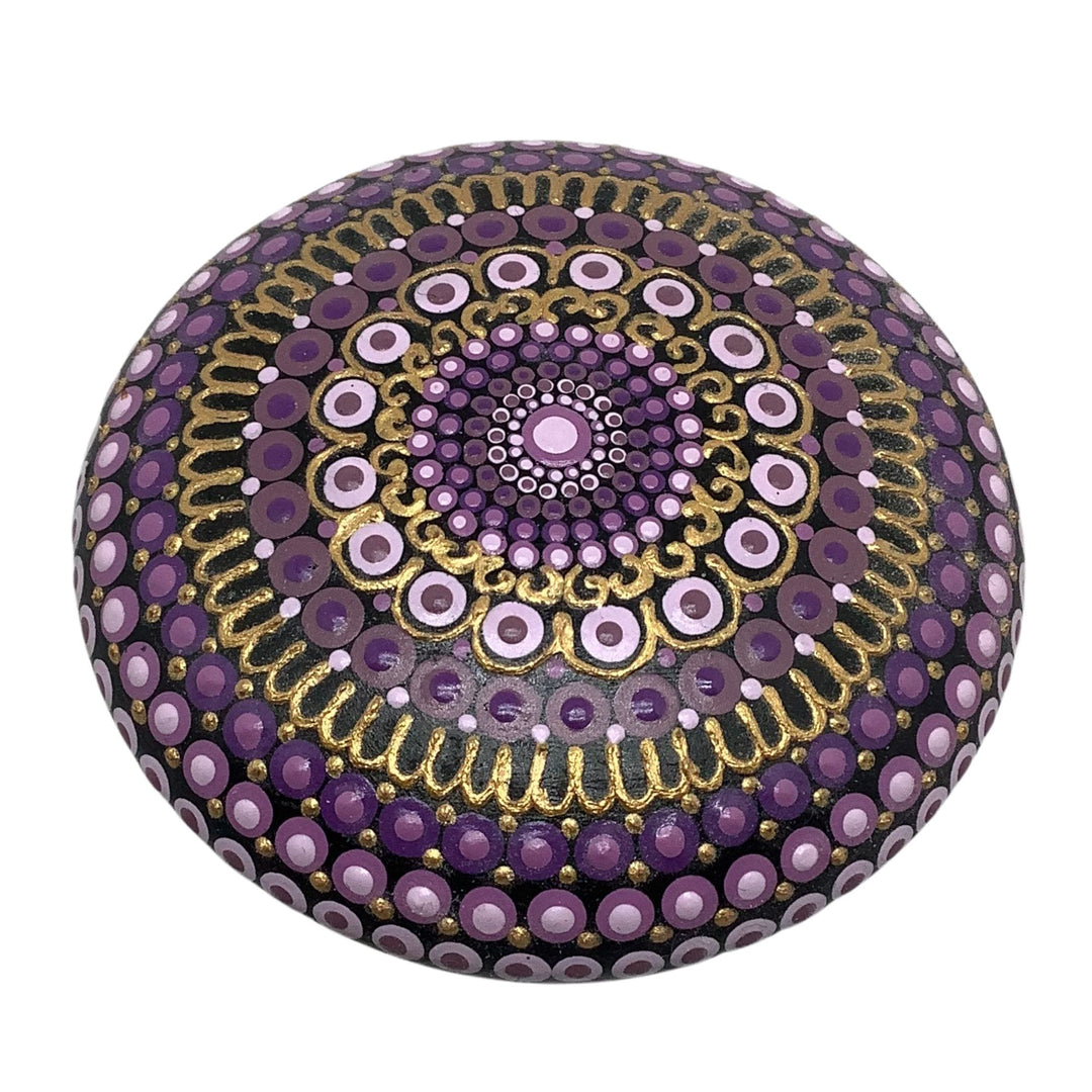 Purple and gold hand-painted mandala stone with dotted design – spiritual home decor