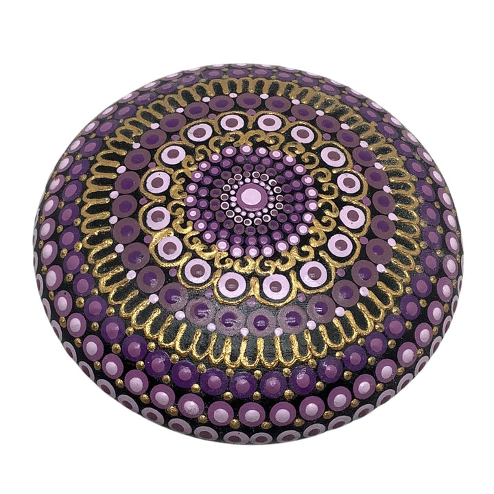 Purple and gold hand-painted mandala stone with dotted design – spiritual home decor