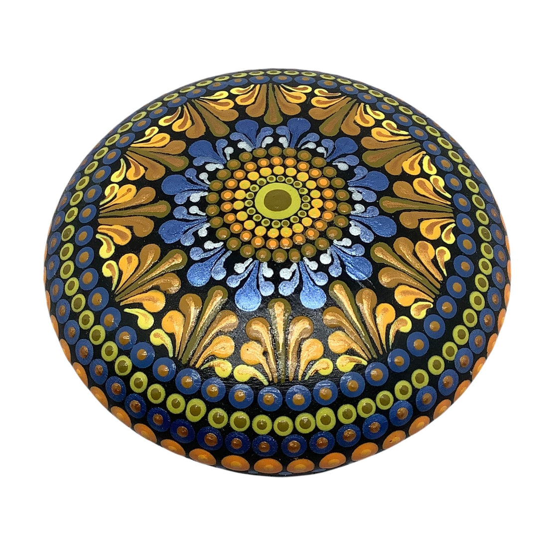 Hand-painted mandala stone, blue and gold dot art on black rock, 7.5 cm, glossy varnish.