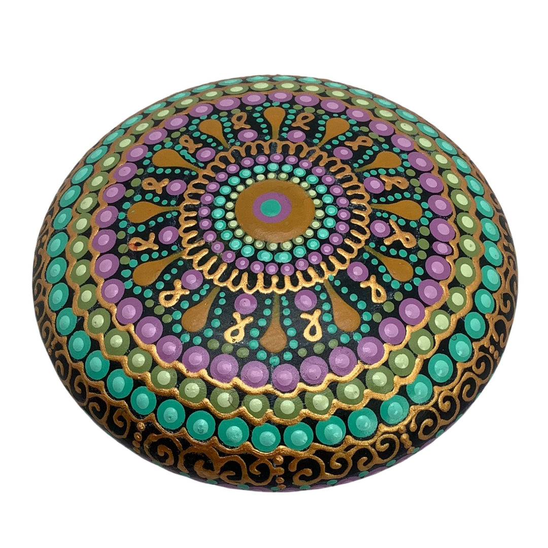 Mandala stone painted in pink and mint green with gold accents, hand painted dot art rock
