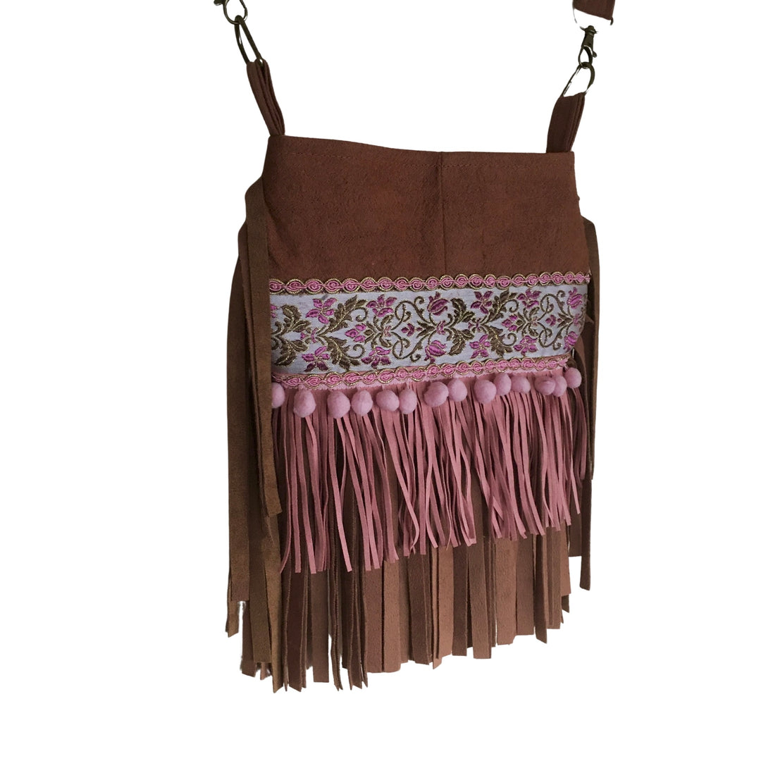 small barkcloth phone bag with pink fringe and floral ribbon boho handmade