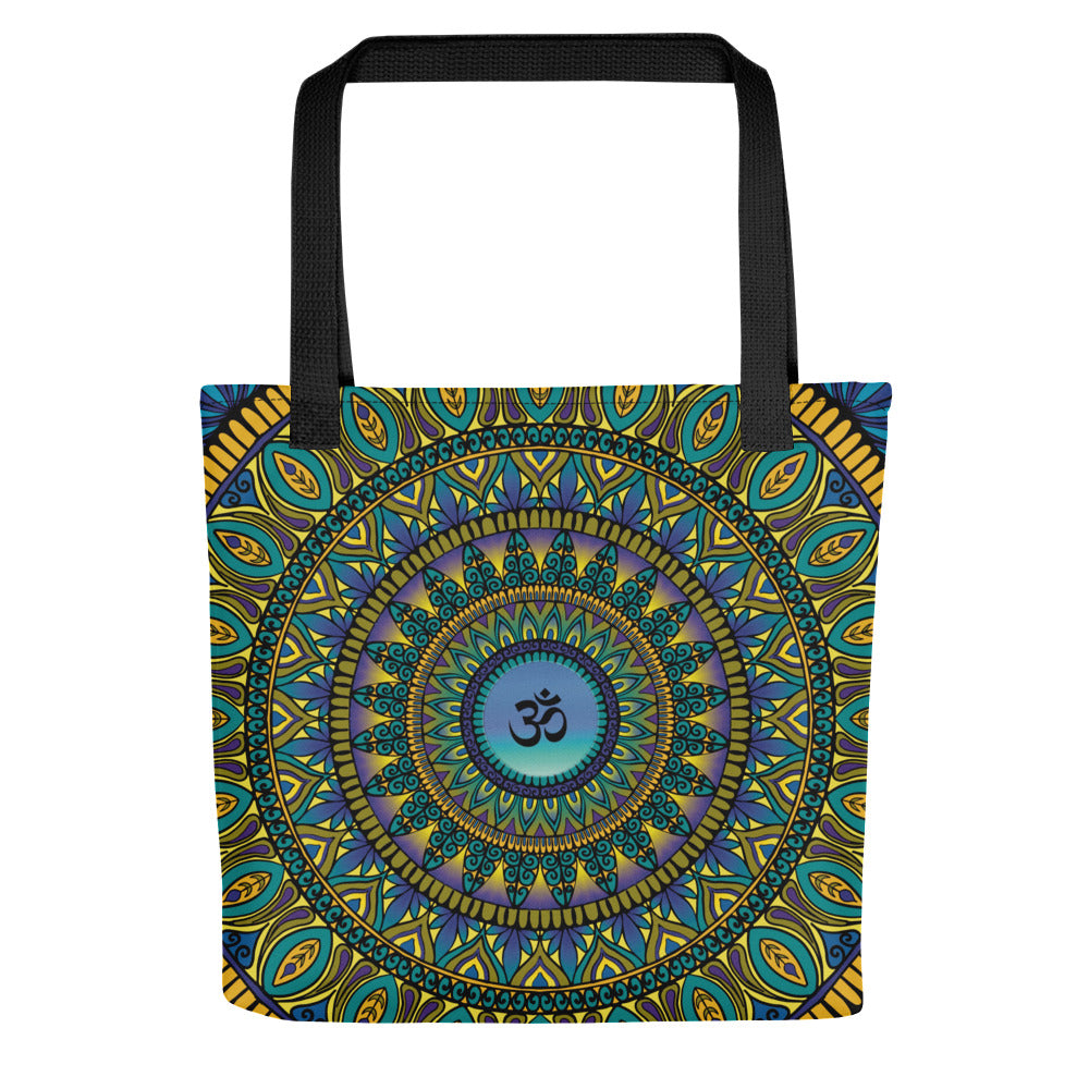 Colorful mandala tote bag in petrol, purple and gold with Ohm symbol – spiritual boho shopper