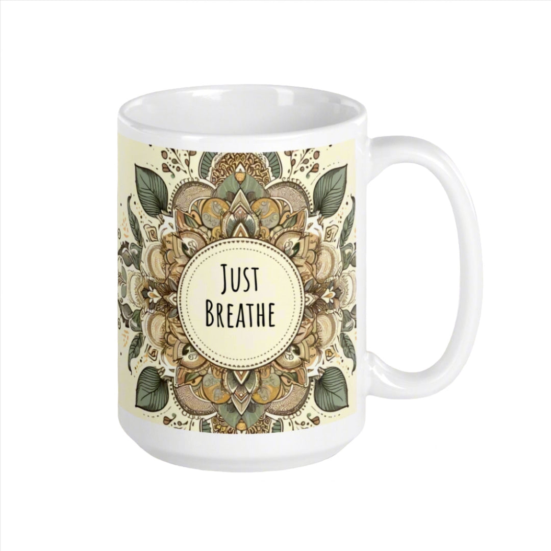 Mandala mug with Just Breathe text and floral design in earthy tones, inspirational ceramic mug