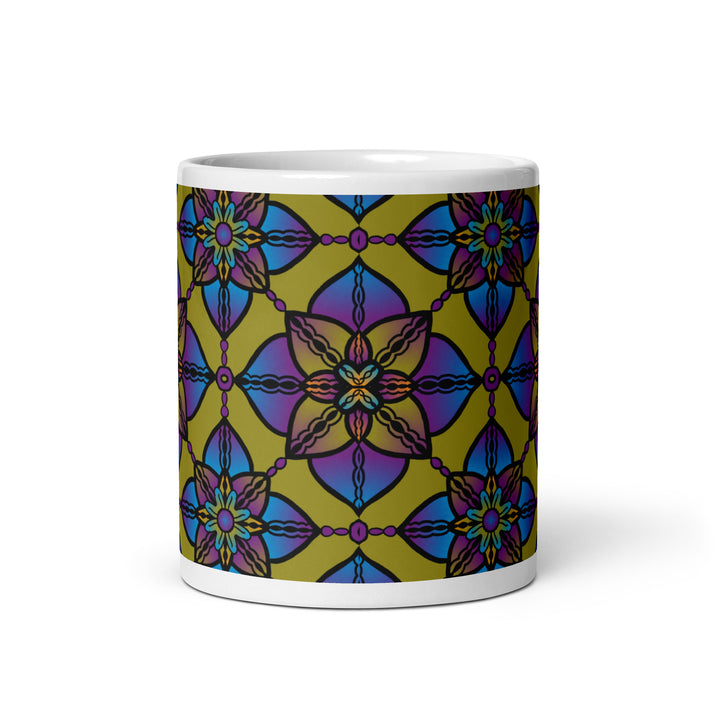 Vibrant Harmony: Caleidoscoop Mandala mok in paars, blauw en geel