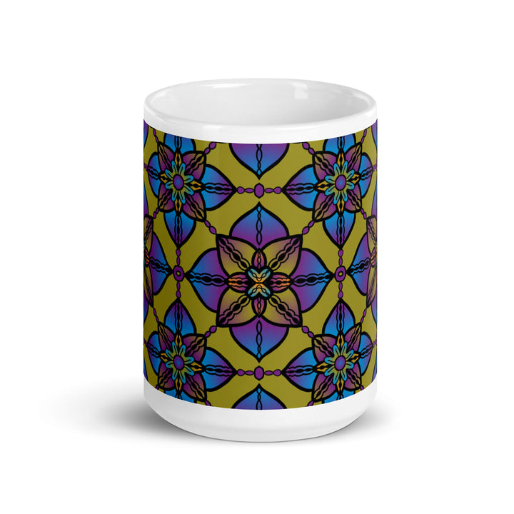 Vibrant Harmony: Caleidoscoop Mandala mok in paars, blauw en geel