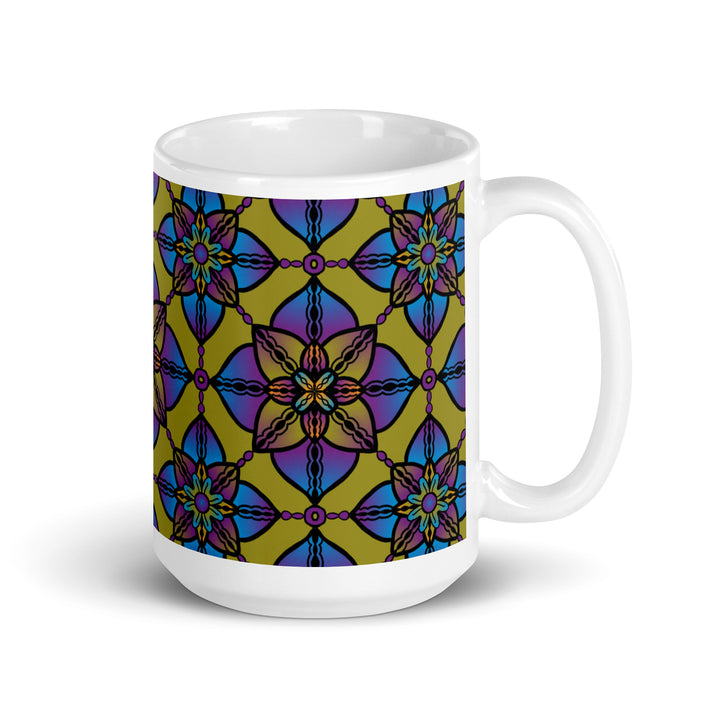 Vibrant Harmony: Caleidoscoop Mandala mok in paars, blauw en geel