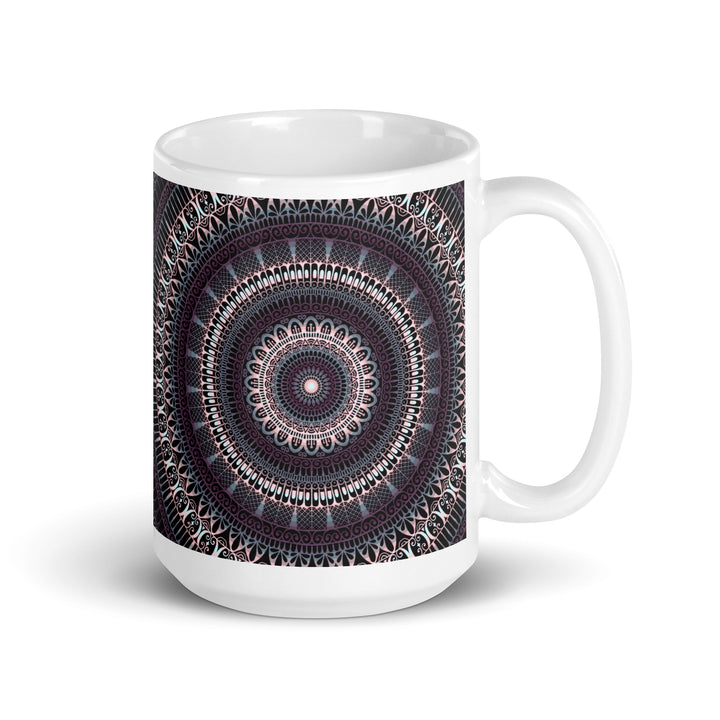 White ceramic mug with dark purple and grey mandala print – boho style symmetrical design on both sides