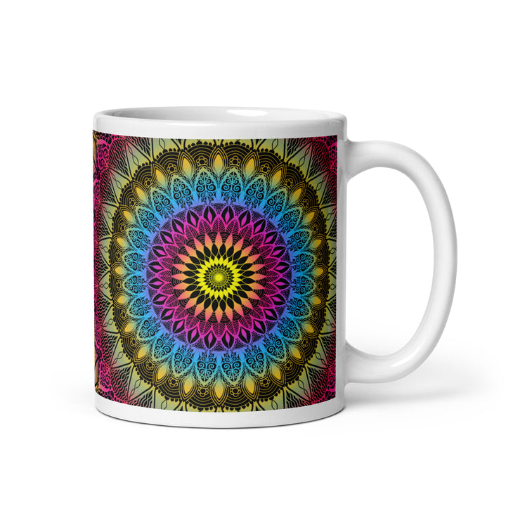 Colorful mandala mug with pink, blue and yellow design – glossy ceramic, available in 11 oz and 15 oz