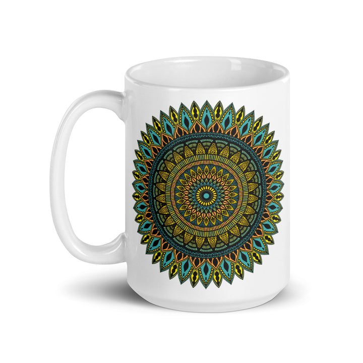 White ceramic mug with colorful intricate mandala design – boho style drinkware