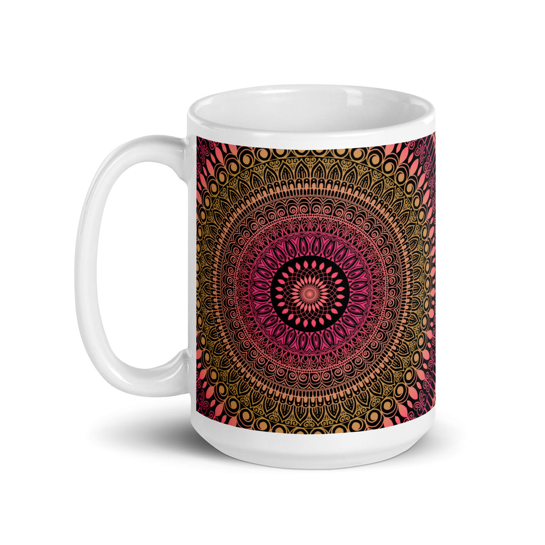 Boho mandala mug with salmon, pink and yellow mehndi design – glossy ceramic in 11 oz and 15 oz