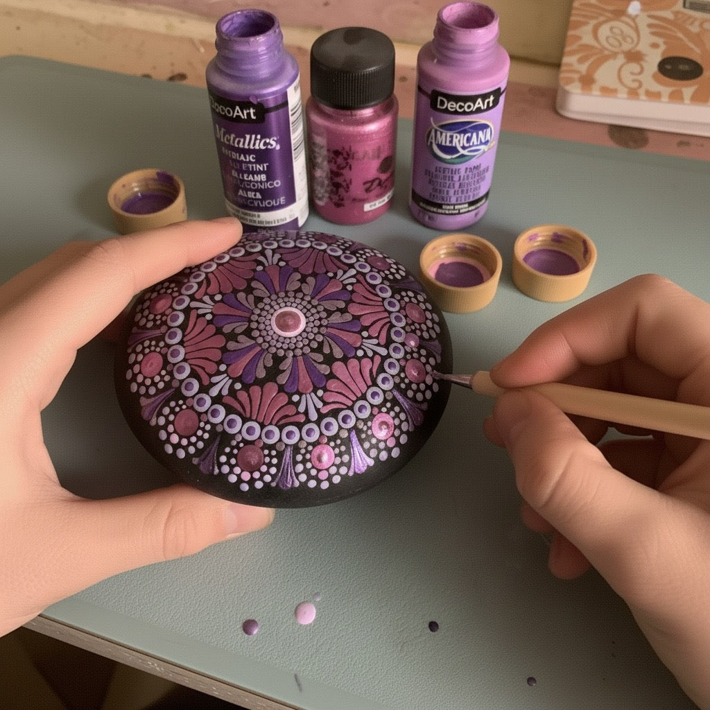 Hand painting a mandala stone in the studio using fine detail and layered colors