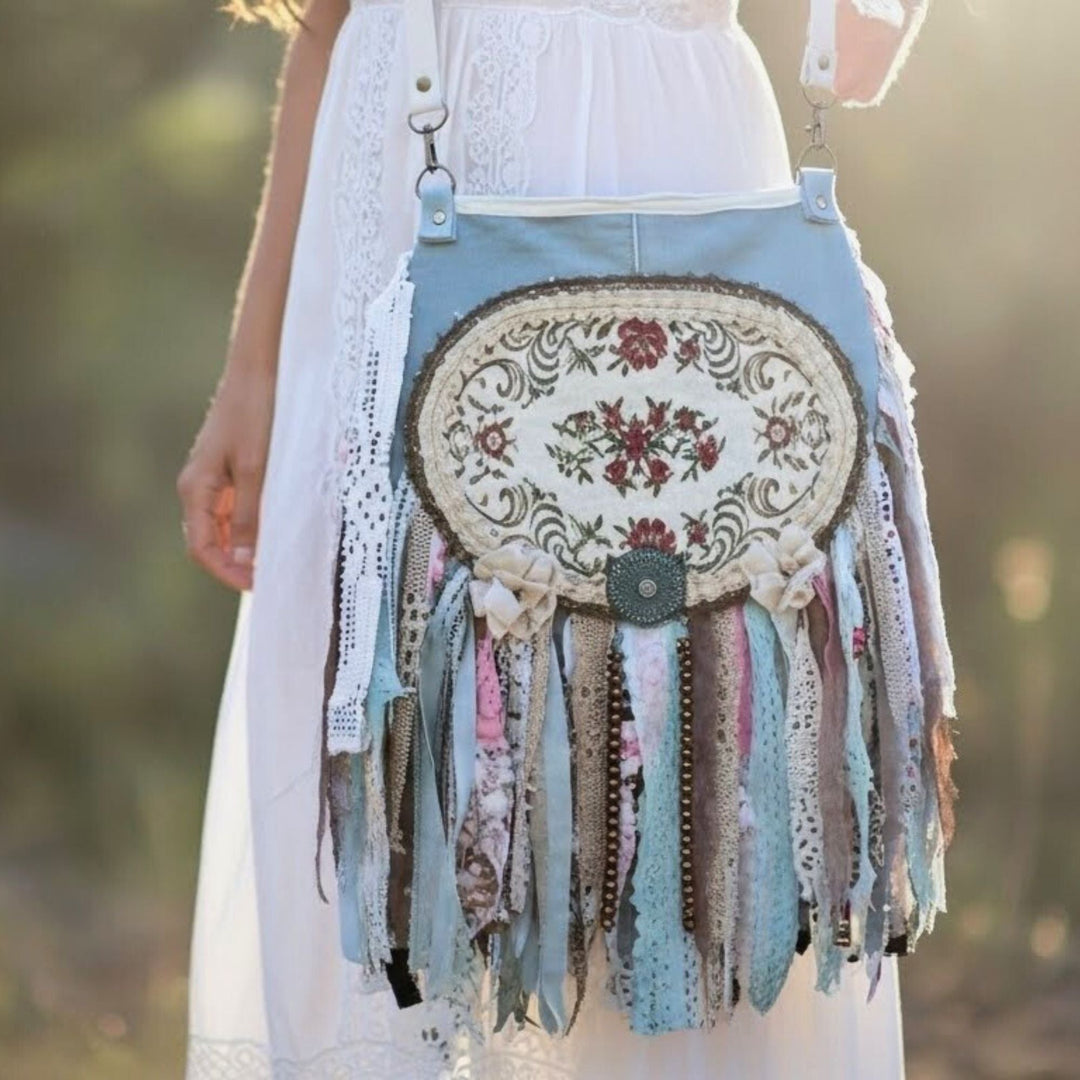 Pastel upcycled crossbody bag with floral fabric, lace and long fringe