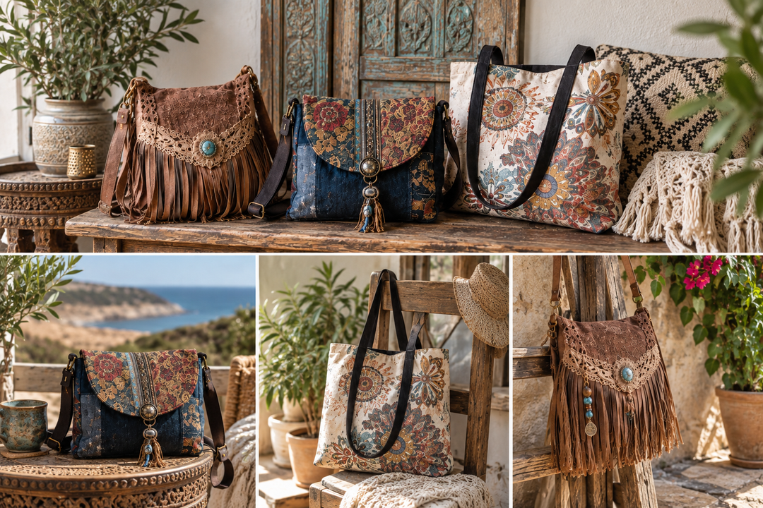 Boho bags in rustic Mediterranean inspired settings with fringe, tapestry and printed tote styles