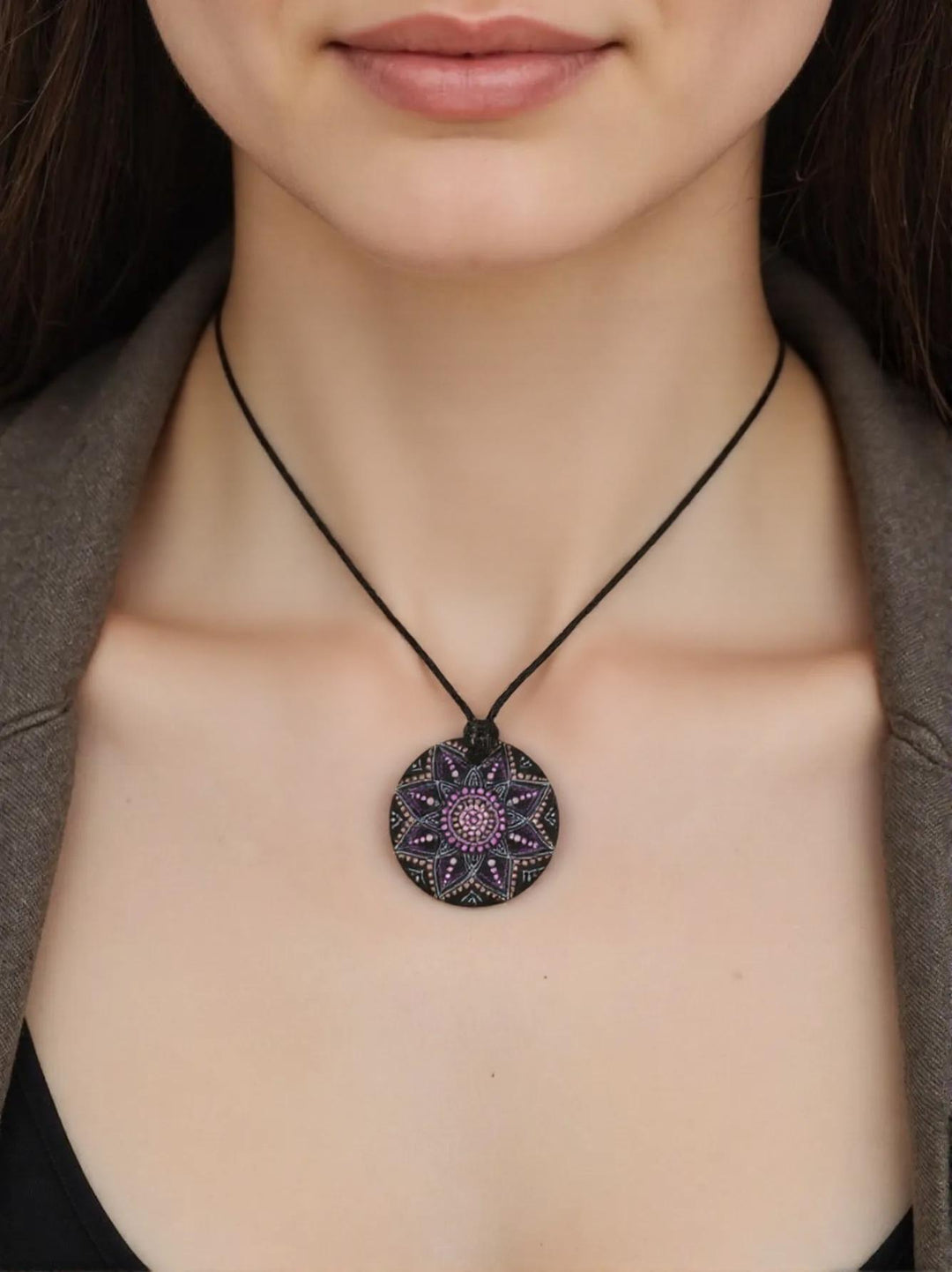Necklace Round Pendant Mandala Pink and Purple