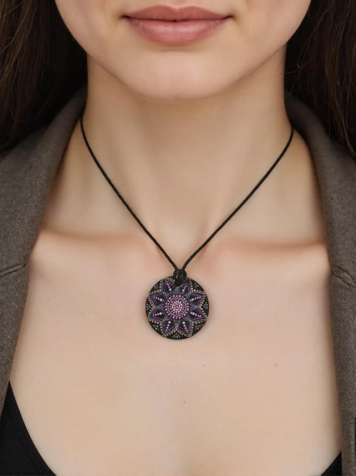 Necklace Round Pendant Mandala Pink and Purple