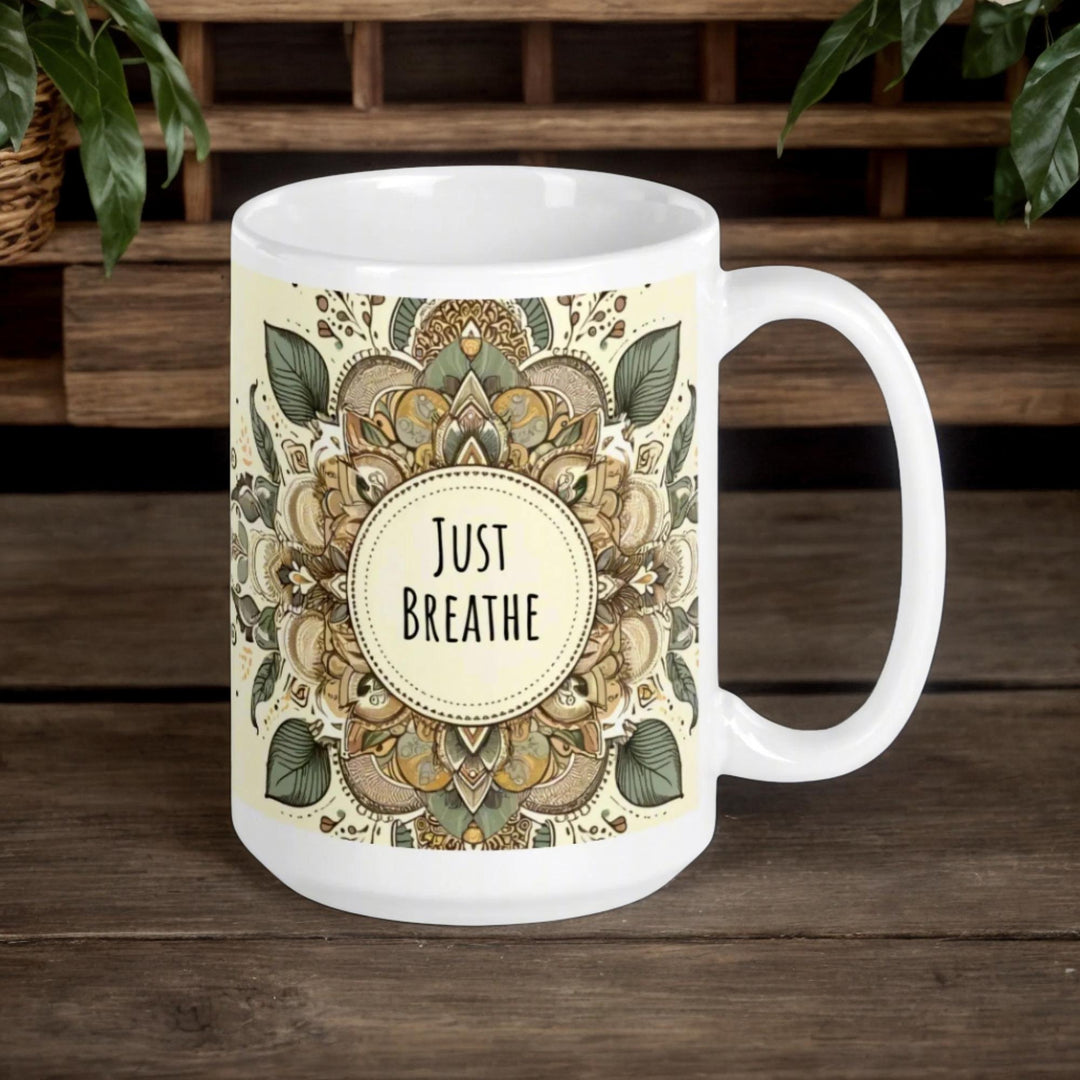 Mandala Mug with Just Breathe Design – Mindful Floral Ceramic Mug