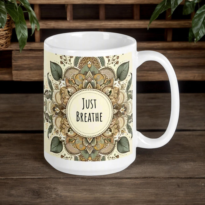 Mandala Mug with Just Breathe Design – Mindful Floral Ceramic Mug