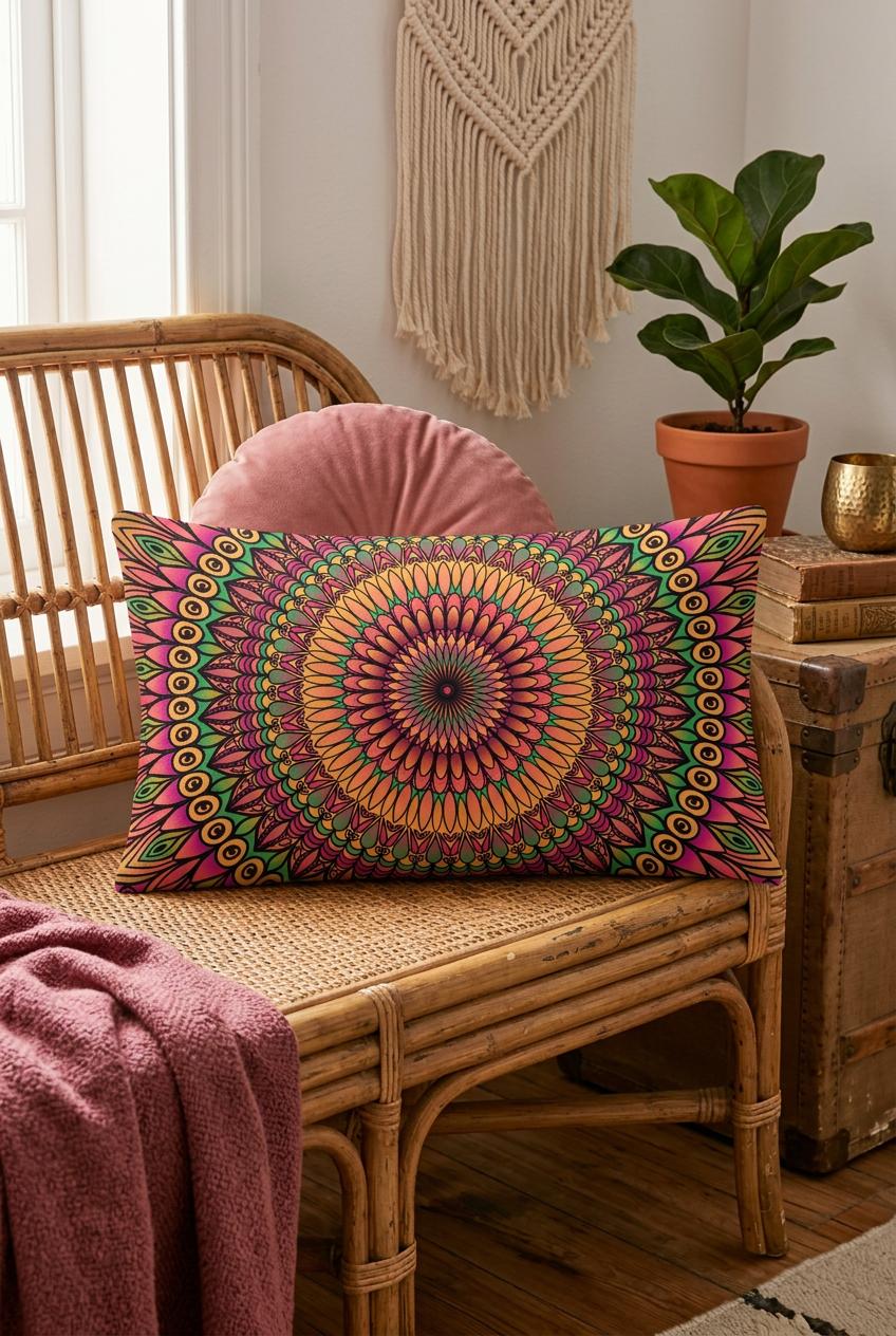 Boho lumbar pillow cover in coral, pink, orange and green mandala design styled on a rattan bench in a warm colorful boho interior