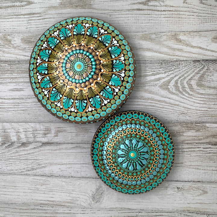 Mandala Stone Mint Green, Olive, White and Gold medium