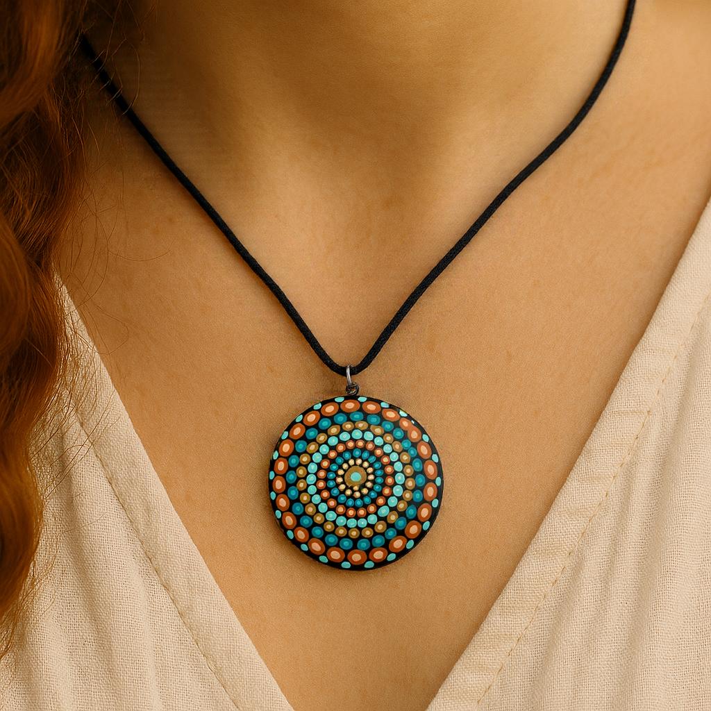 Mandala Dome Necklace – Turquoise, Orange & Blue Dot Art