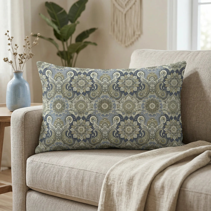 Bohemian lumbar cushion cover with mandala and paisley pattern in muted blue, beige and grey tones on neutral sofa