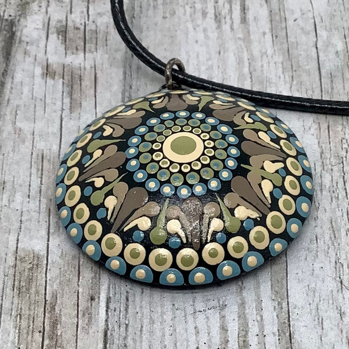 Necklace Dot Mandala Pendant Taupe, Soft Green and Light Blue
