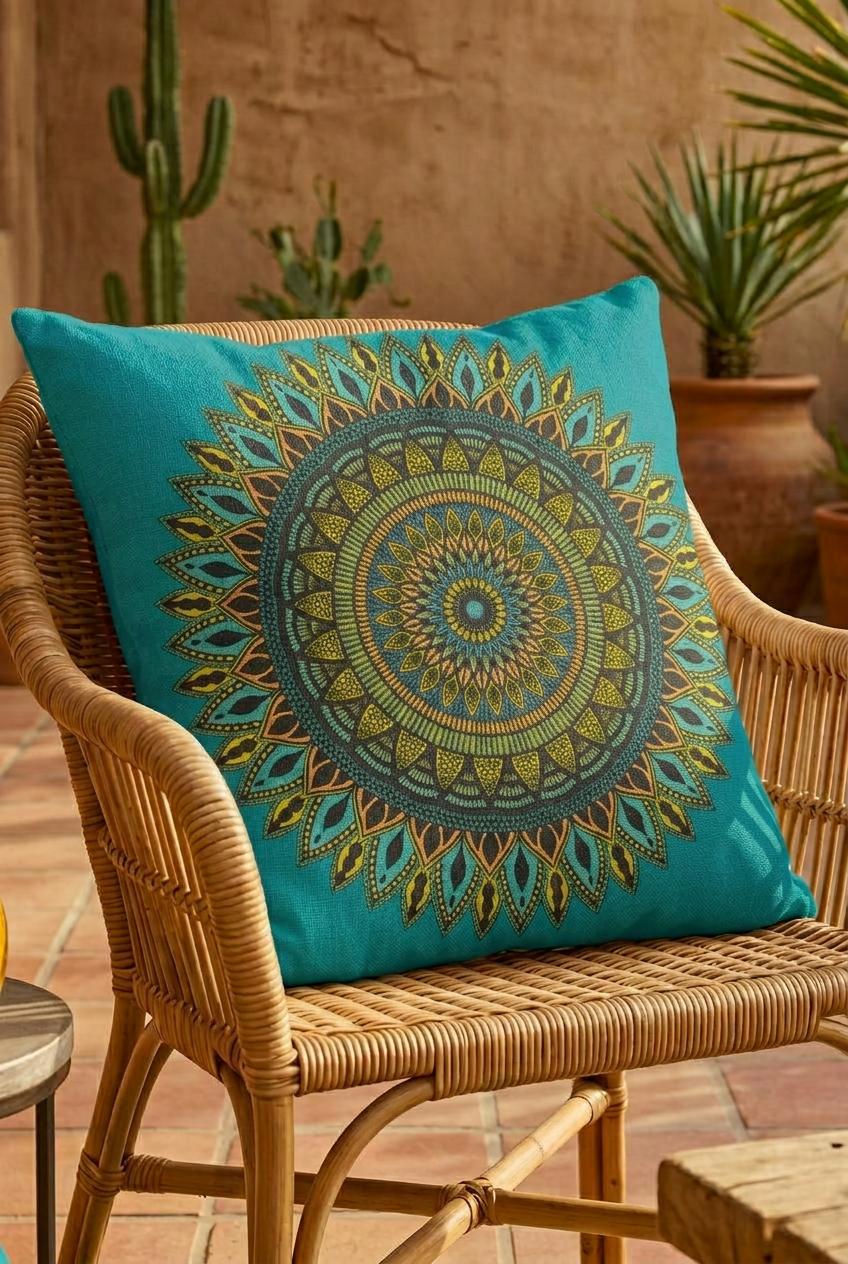 Premium turquoise boho mandala pillow cover with linen look and detailed gold mandala design styled on a rattan chair in a warm southwestern setting
