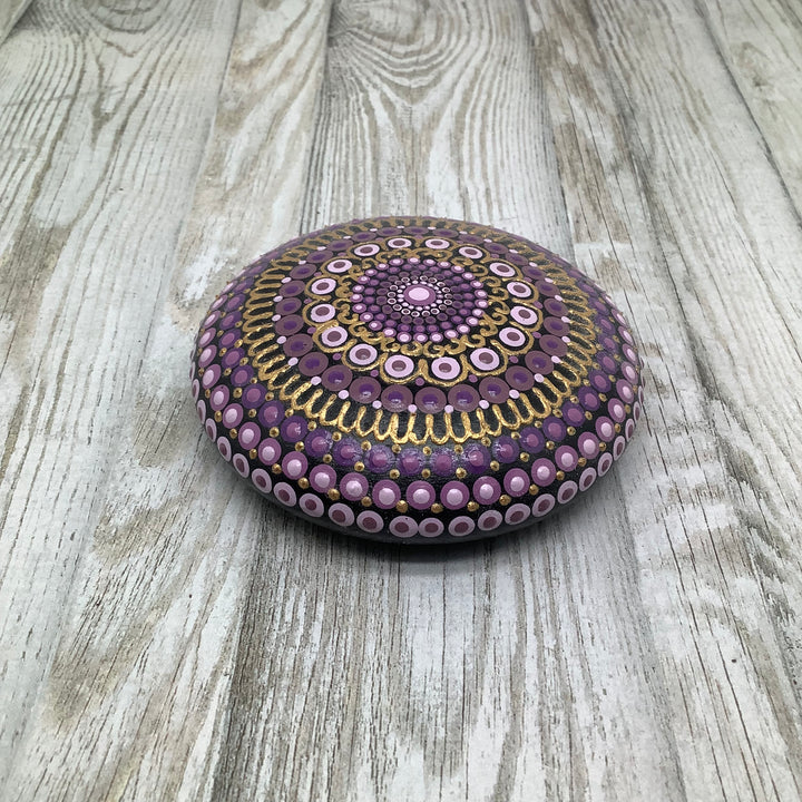 Purple Mandala Stone – Hand Painted Spiritual Decor with Gold Dot Accents