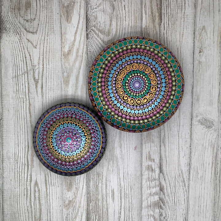 Mandala Stone – Metallic Dot Art in Purple, Blue & Green