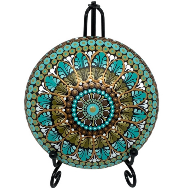 Mandala Stone Mint Green, Olive, White and Gold medium