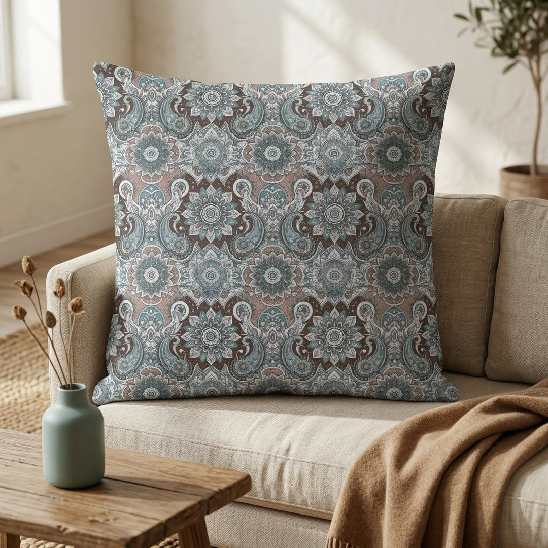 Bohemian square cushion cover with mandala and paisley pattern in muted teal, blue and brown tones on beige sofa with natural decor