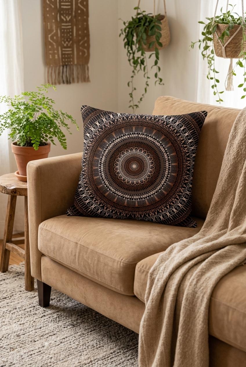 Camel boho sofa styled with a premium linen mandala pillow cover in warm brown tones, surrounded by plants and soft neutral decor