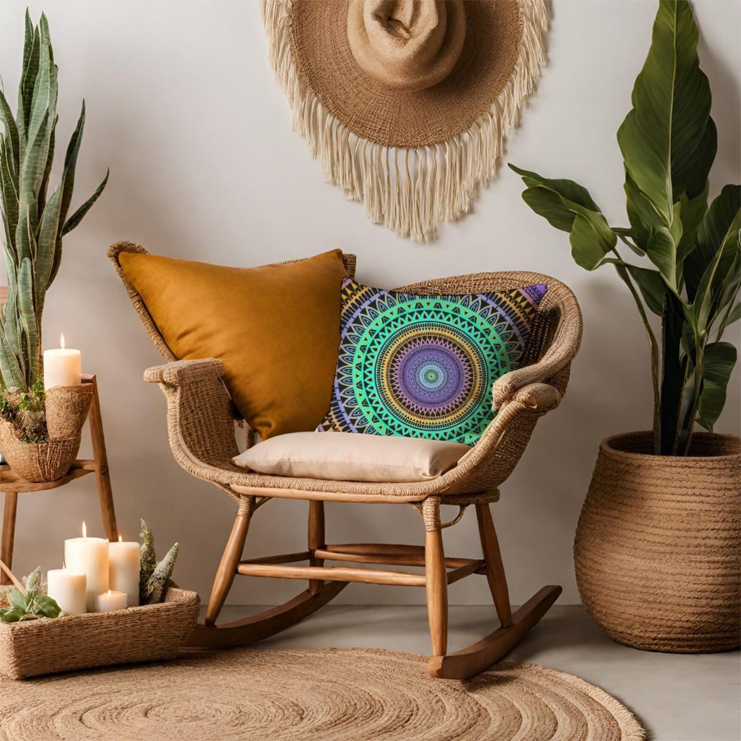 Minty Elegance: Levendig Mandala-sierkussen in mintgroen, paars en geel