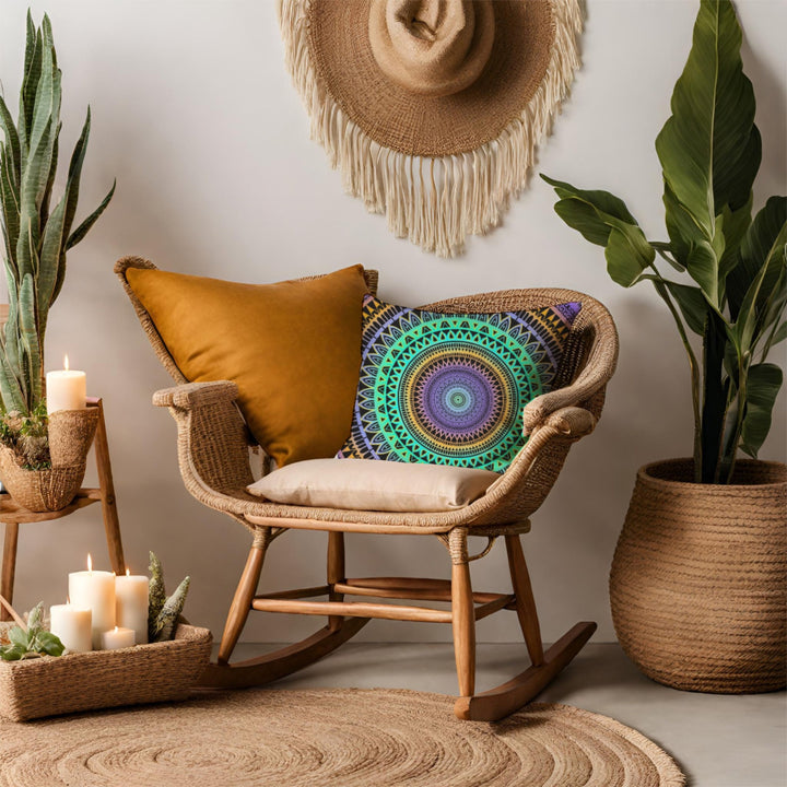 Minty Elegance: Levendig Mandala-sierkussen in mintgroen, paars en geel