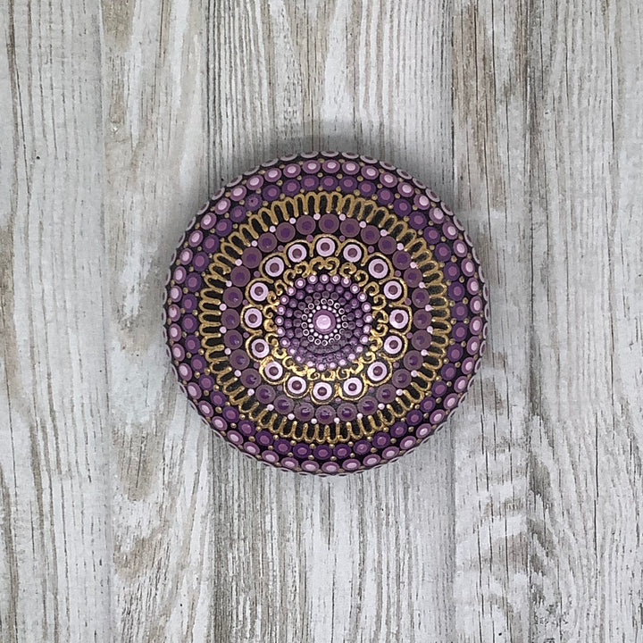Purple Mandala Stone – Hand Painted Spiritual Decor with Gold Dot Accents