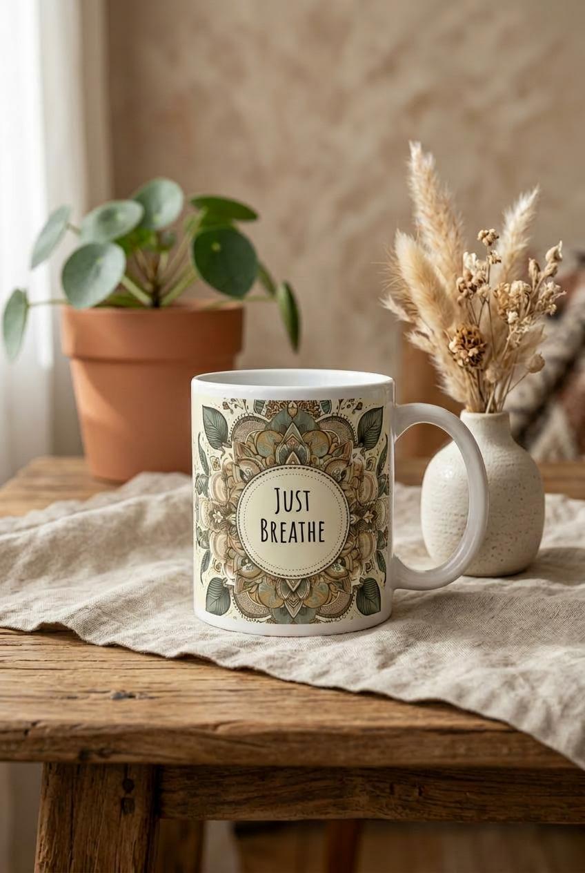 Boho style ceramic mug with mandala design and “Just Breathe” text on a wooden table with dried flowers and natural decor