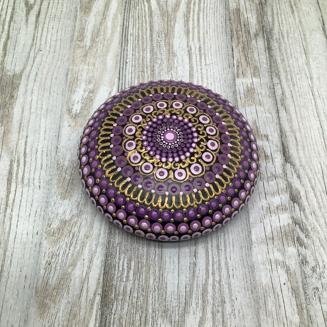 Purple Mandala Stone – Hand Painted Spiritual Decor with Gold Dot Accents