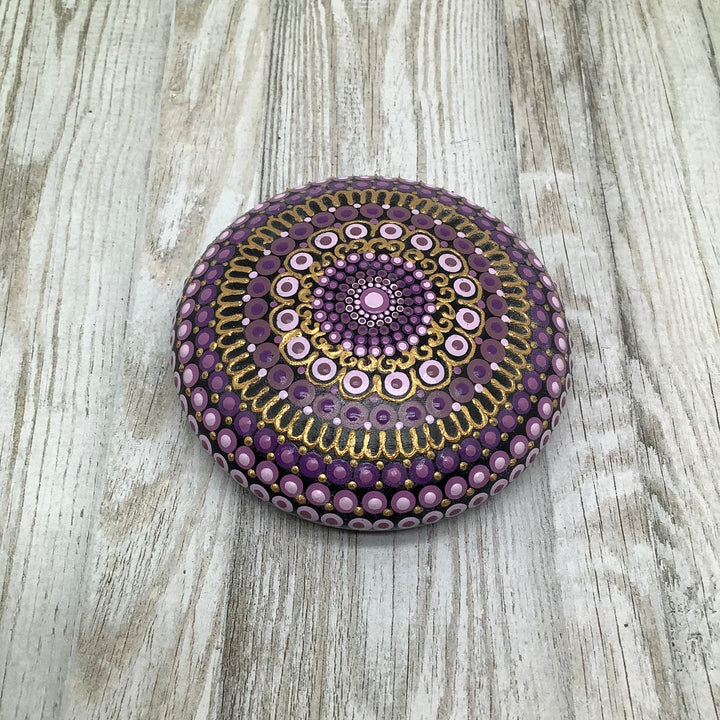 Purple Mandala Stone – Hand Painted Spiritual Decor with Gold Dot Accents