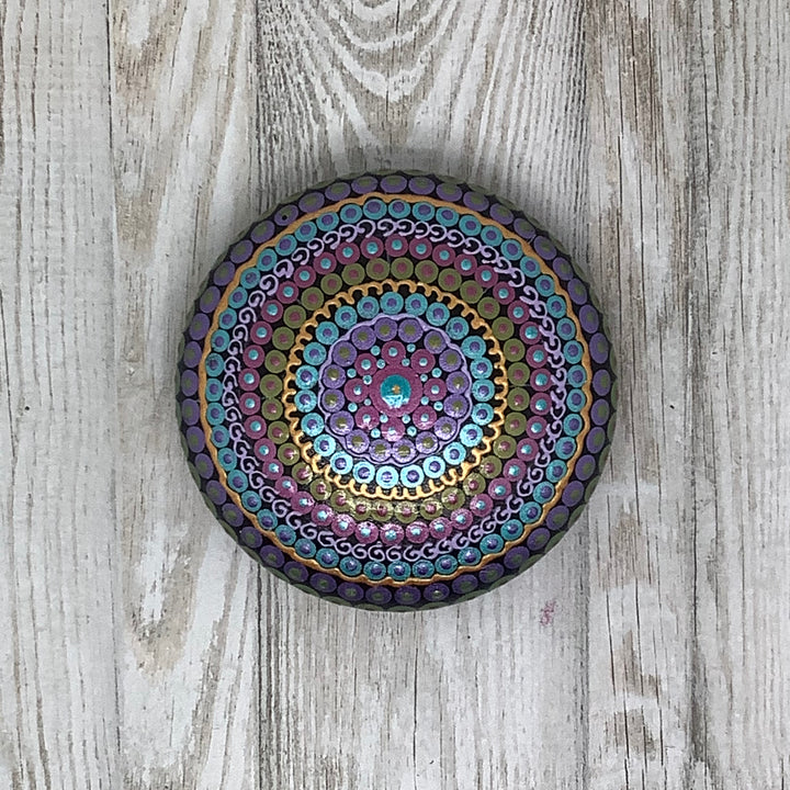 Mandala Stone – Metallic Dot Art in Purple, Blue & Green