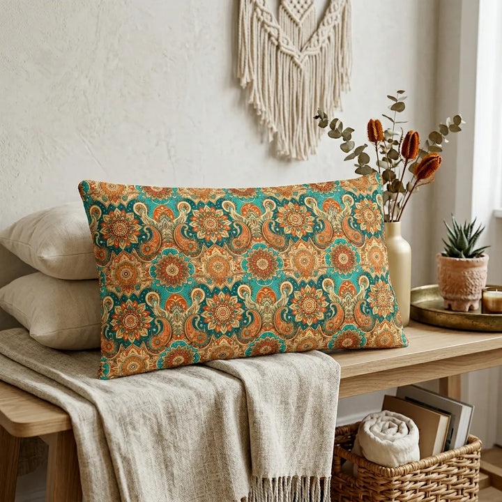Boho lumbar pillow cover with mandala paisley design in teal, rust and beige for warm bohemian home decor