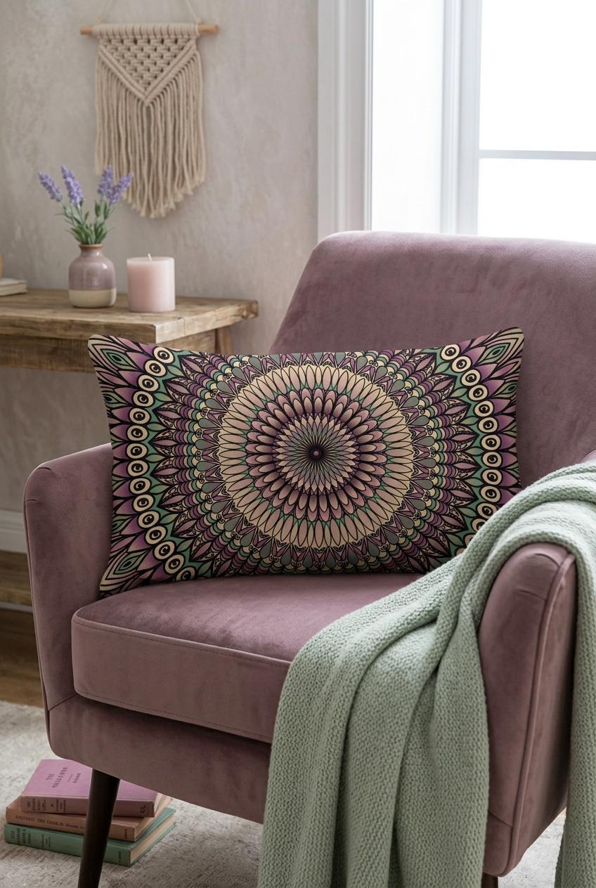 Boho lumbar pillow cover with mauve, blush, beige and soft sage mandala design styled on a dusty mauve armchair in a cozy boho interior