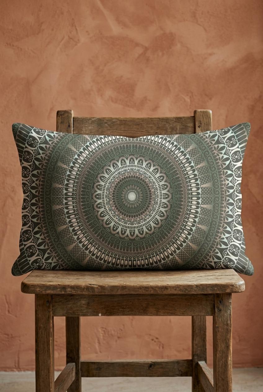 Boho lumbar pillow 12x20 inch with green mandala design on rustic wooden chair, warm terracotta wall, matte linen look fabric, natural woven texture, soft daylight interior