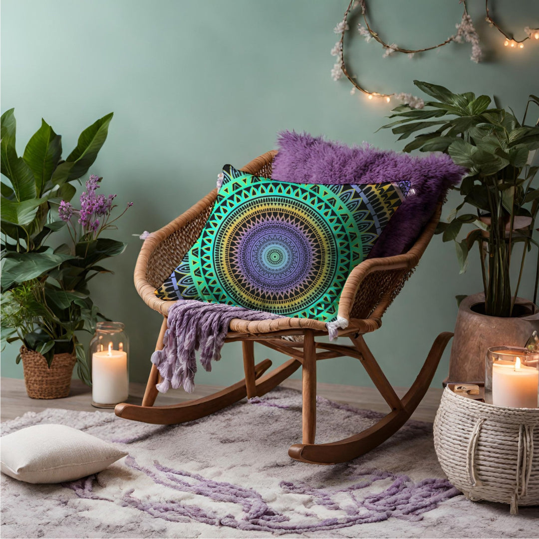 Minty Elegance: Levendig Mandala-sierkussen in mintgroen, paars en geel