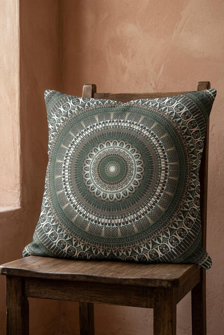 Boho square pillow with green mandala design on rustic wooden chair, warm terracotta wall, matte linen look fabric, visible woven texture, soft natural daylight