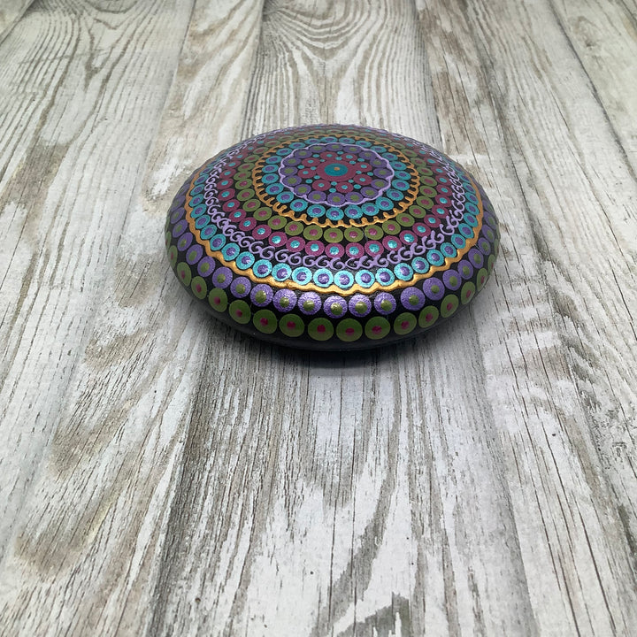 Mandala Stone – Metallic Dot Art in Purple, Blue & Green
