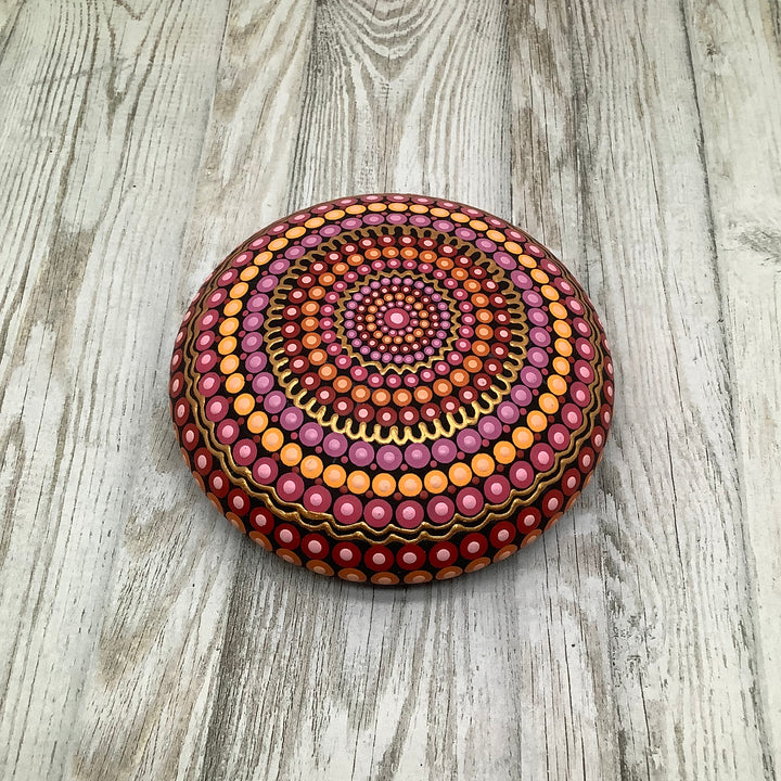 Mandala Stone – Dot Painted in Pink, Orange & Gold