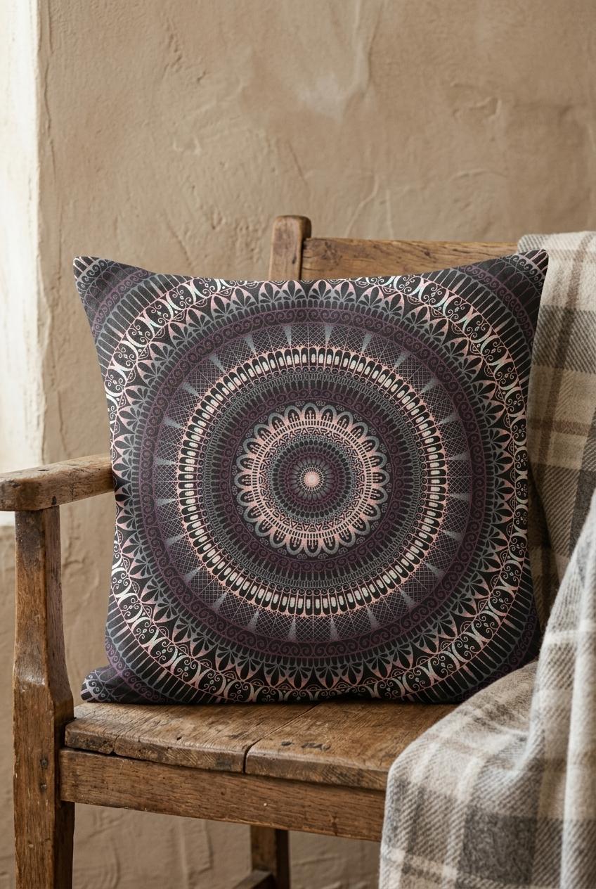Boho square pillow with mandala design on rustic wooden chair, warm neutral textured wall, matte linen look fabric, visible woven texture, soft natural daylight interior