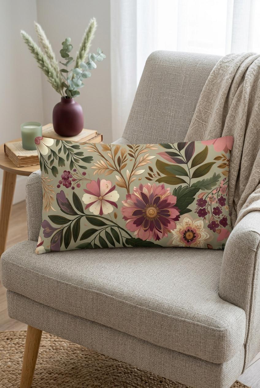 Floral Pillow Cover in Romantic Earth Tones – Botanical Boho Cushion Case